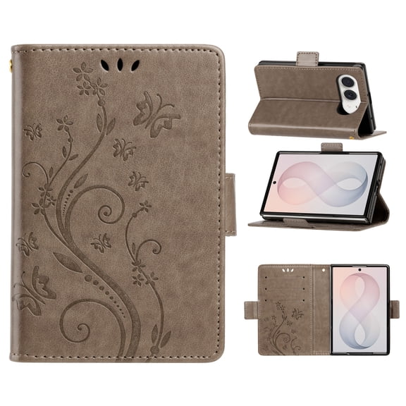 For Apple iPhone Duo PU Leather Wallet Phone Case, Embossed Floral Flip Cover with 3 Card Slots, Cash Pocket, Detachable Wrist Strap and Foldable Kickstand, Protective Folio Phone Case,Gray