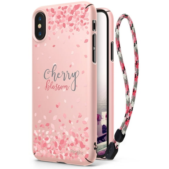 Apple iPhone X Case, Ringke Slim [Spring Cherry Blossom Edition] Solid Precise Contour Superior Slender Sakura Petal Lightweight & Classy Fashionable Floral Design Cover with Wrist Strap - Peach Pink