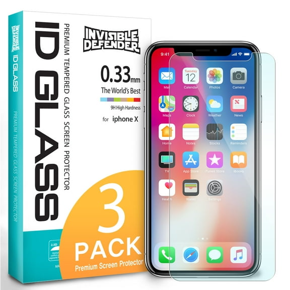 Apple iPhone X Phone Screen Protector - Ringke Invisible Defender Glass [0.33 mm TEMPERED GLASS] [3 Pack]Ultimate Clear Shield, High Definition (HD) Quality, Anti-Scratch Technology for iPhone 10