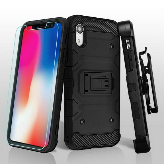 Apple iPhone XR (6.1 Inch) Phone Case Combo TUFF Hybrid Impact Armor Rugged TPU Dual Layer Hard Protective Cover Belt Clip Holster with Screen Protector Black Phone Case for Apple iPhone Xr (6.1")