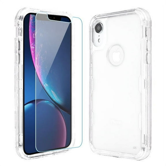 Apple iPhone XR (6.1 inch) (2018 Model) Phone Case Tuff Hybrid Armor Shockproof Impact Rubber Hard Protective Case Cover + Tempered Glass Screen Protector Transparent Case for Apple iPhone Xr (6.1")