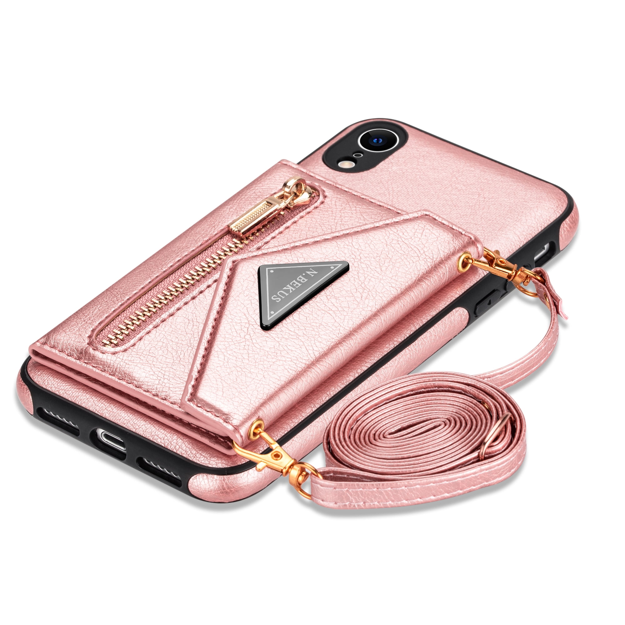Apple iPhone XR Crossbody Bag Case Dteck Zipper Pocket Credit Card Holder Wallet Case Phone Cover with Shoulder Strap For iPhone XR Pink