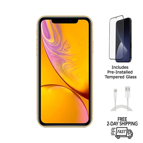 Pre-Owned Apple iPhone XR (Unlocked) 128GB Yellow (A1984) Bundle with Pre-Installed Tempered Glass