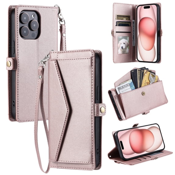For Apple iPhone XS Max Case Wallet, Cards Holder RFID Blocking Crossbody Shoulder Strap Hand Wrist Bumper Shockproof Flip Cover Stand Protective PU Leather Phone Case for iPhone XS Max, Rosegold