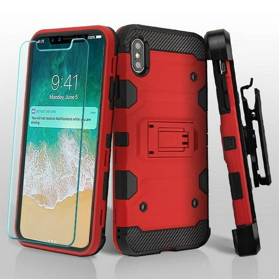 Apple iPhone Xs Max (6.5 Inch) Phone Case Combo TUFF Hybrid Impact Armor Rugged TPU Dual Layer Hard Protective Cover Belt Clip Holster with Screen Protector Red Phone Case for Apple iPhone Xs Max