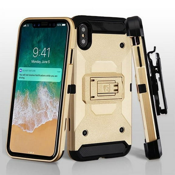 Apple iPhone Xs Max (6.5 Inch) Phone Case Combo TUFF Hybrid Kinetic Armor Rugged TPU Dual Layer Hard Protective Cover Belt Clip Holster Gold Phone Case for Apple iPhone Xs Max