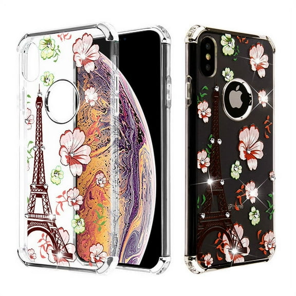 Apple iPhone Xs Max (6.5 in) Phone Case Tuff Hybrid Shockproof Impact Rubber Dual Layer Hard Soft Protective Hard Case Cover Transparent Eiffel Tower Flowers Phone Case for Apple iPhone Xs Max / 6.5"