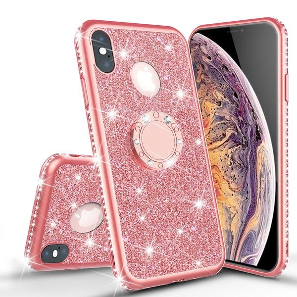 LXXZBC for iPhone Xs Max Case,Luxury Square for Women Girls Box Design  Glitter Bling Cute Gold Flowers Soft Trunk Cover with Finger Ring Grip