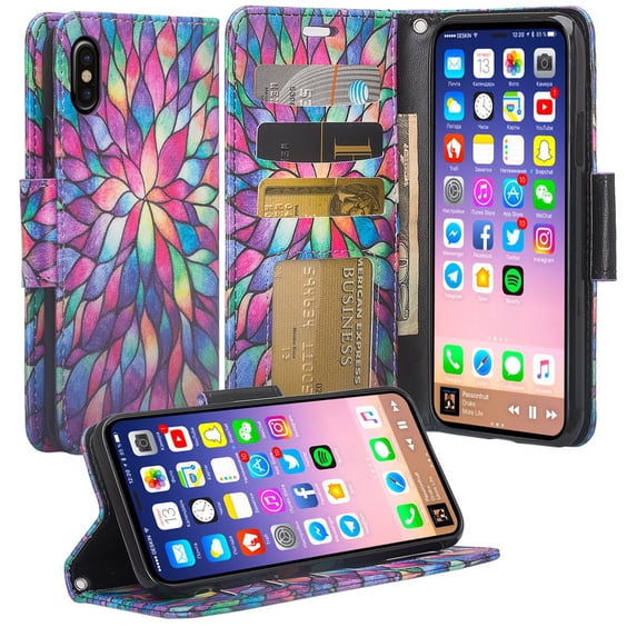 Apple iPhone Xs/X Case, Leather Wallet Case Kickstand Case for iPhone Xs/X Phone Case - Rainbow Flower
