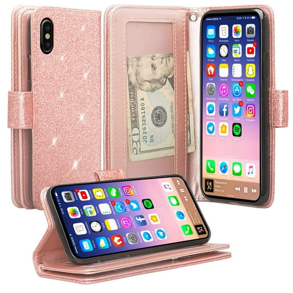 Apple iPhone Xs/X Case, Leather Wallet Case Kickstand Phone Case for iPhone Xs/X Phone Case - Glitter Rose Gold