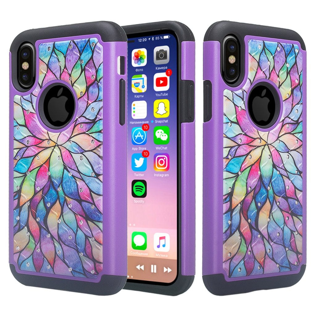 レインボー Apple iPhone Xs Apple iPhone Xs iPhone X Case, Hybrid Cover Bling Rhinestone Shock