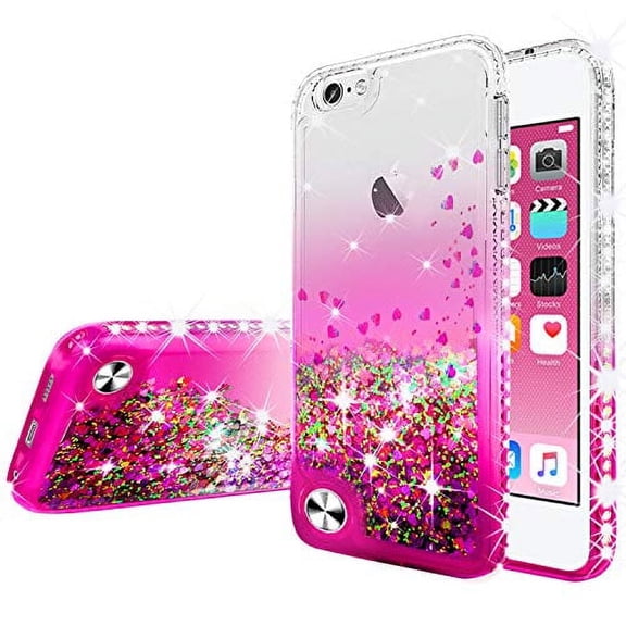 Galaxy Wireless USA Pink Glitter Liquid Quicksand Waterfall Bling Sparkle Diamond Cell Phone Case for Apple iPod Touch 7 6 5 with Tempered Glass Screen Protector
