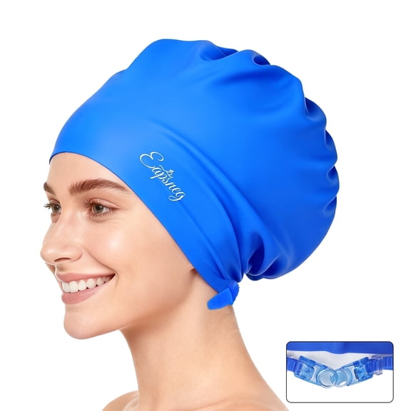 Large Swim Cap for Women Men, Waterproof Silicone Swimming Caps Ideal for Long Hair, Thick Curly Hair & Dreadlocks Braids Weaves Afro Hair -Blue