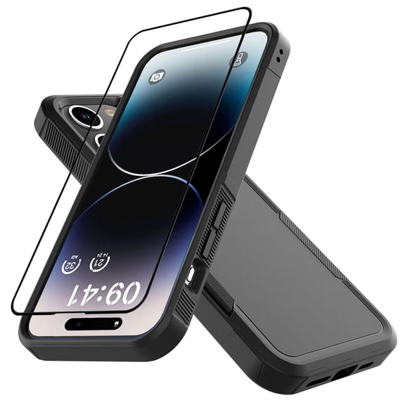 Apple iphone 15 Plus Phone Case with Tempered Glass Screen Protector, eBizWare Shockproof Case Cover for iphone 15 Plus, Heavy Duty Armor Full Body Protective Case -Black
