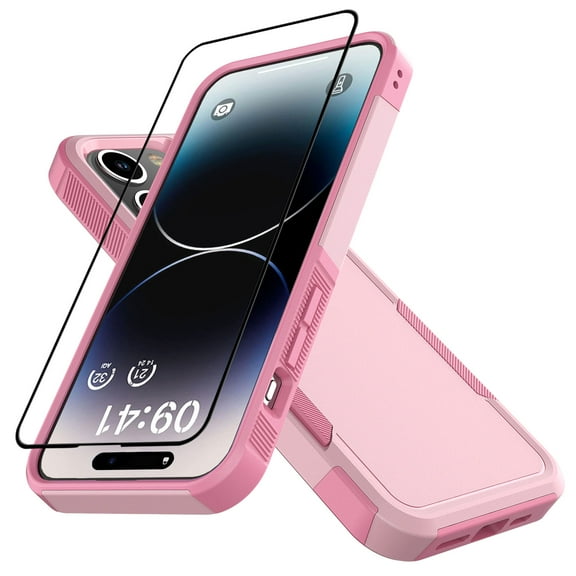 Apple iphone 15 Plus Phone Case with Tempered Glass Screen Protector, eBizWare Shockproof Case Cover for iphone 15 Plus, Heavy Duty Armor Full Body Protective Case -Rose Gold