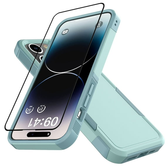 Apple iphone 15 Plus Phone Case with Tempered Glass Screen Protector, eBizWare Shockproof Case Cover for iphone 15 Plus, Heavy Duty Armor Full Body Protective Case - Mint Green