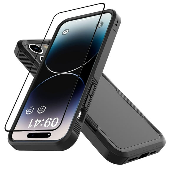 Apple iphone 15 Pro Phone Case with Tempered Glass Screen Protector, eBizWare Shockproof Case Cover for iphone 15 Pro, Heavy Duty Armor Full Body Protective Case -Black