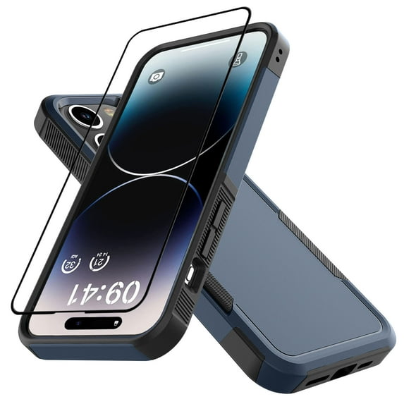 Apple iphone 15 Pro Phone Case with Tempered Glass Screen Protector, eBizWare Shockproof Case Cover for iphone 15 Pro, Heavy Duty Armor Full Body Protective Case -Blue