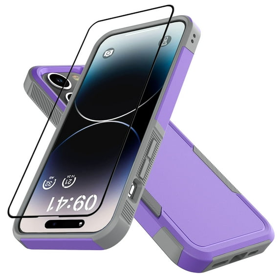 Apple iphone 15 Pro Phone Case with Tempered Glass Screen Protector, eBizWare Shockproof Case Cover for iphone 15 Pro, Heavy Duty Armor Full Body Protective Case -Purple