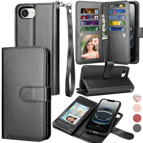 For Apple iphone 16e Case Wallet with Credit Card Holder for Women Men, Flip PU Leather Wallet Phone Case for iphone 16e 2025, Tekcoo Detachable Magnetic Kickstand Cover with Wrist Strap, Black