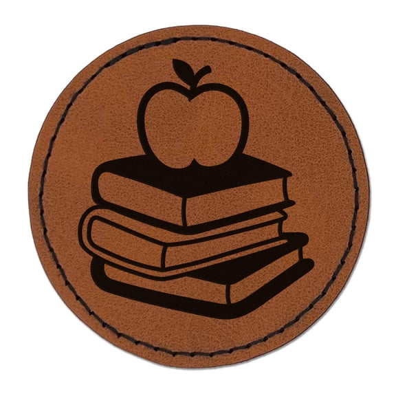 Apple on Stack of Books Reading Library Teacher 2.5" Faux Leather Round Engraved Iron-On Patch - Brown