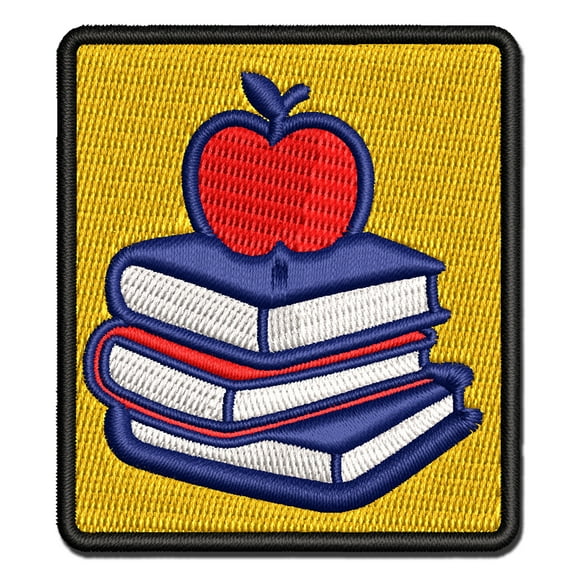 Apple on Stack of Books Reading Library Teacher Applique Multi-Color Embroidered Iron-On Patch - 2.0 Inch Mini