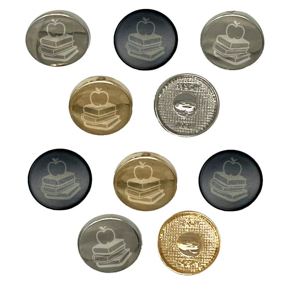 Apple on Stack of Books Reading Library Teacher Set of 10 Metal 0.6" (15mm) Sewing Shank Round Buttons - Silver Color