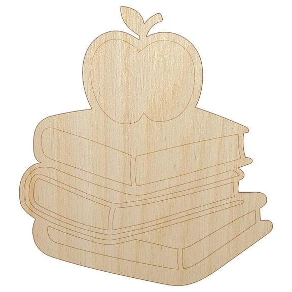 Apple on Stack of Books Reading Library Teacher Wood Shape Unfinished Piece Cutout Craft DIY Projects - 6.25 Inch Size - 1/8 Inch Thick