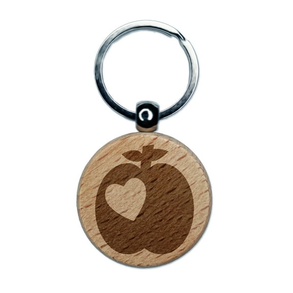 Apple with Heart Round Keychain Charm Tag - Engraved Wood