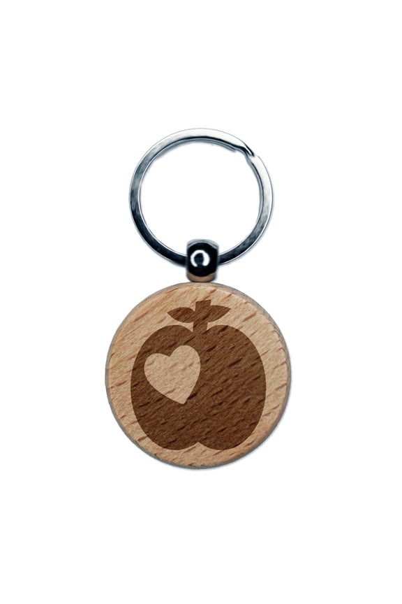 Apple with Heart Round Keychain Charm Tag - Engraved Wood