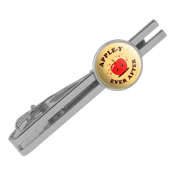 Apple-y Happily Ever After Funny Humor Round Tie Bar Clip Clasp Tack Silver Color Plated