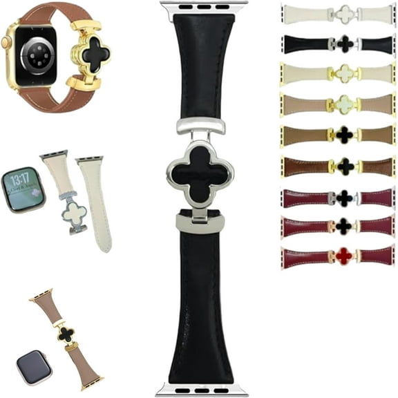 Appleband Lucky Flower Leather Strap For Apple Watch Ultra/SE/9/8/7/6/5/4/3/2/1, Magnetic Buckle Replacement Thin Strap, Slim Leather Bands