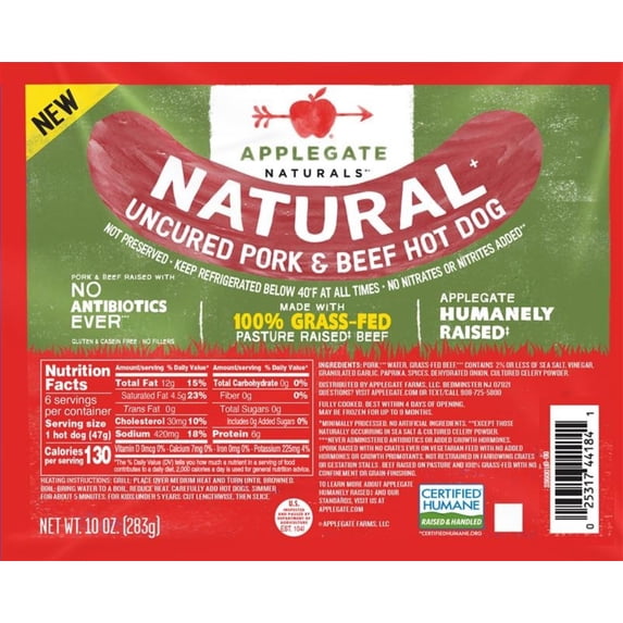 Applegate Antibiotic Free Pork & Beef Hot Dog, 130 Cals, 10oz (Refrigerated)