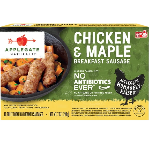 Applegate Natural Chicken & Maple Breakfast Sausage Links Gluten Free, 7oz, 10 CT Box (Frozen)