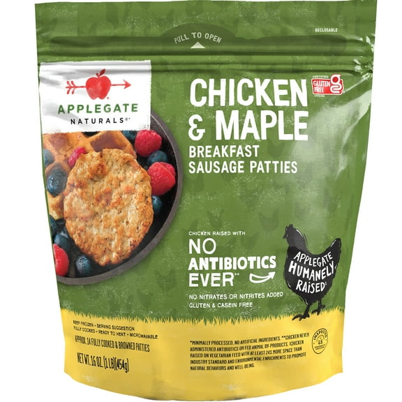 Applegate Natural Chicken & Maple Breakfast Sausage Patties, 16 oz, GF, Resealable Bag (Frozen), About 15 Pieces per Bag