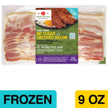 Applegate Naturals Hickory Smoked No Sugar Uncured Pork Bacon, 9oz, Frozen, Gluten and Casein Free