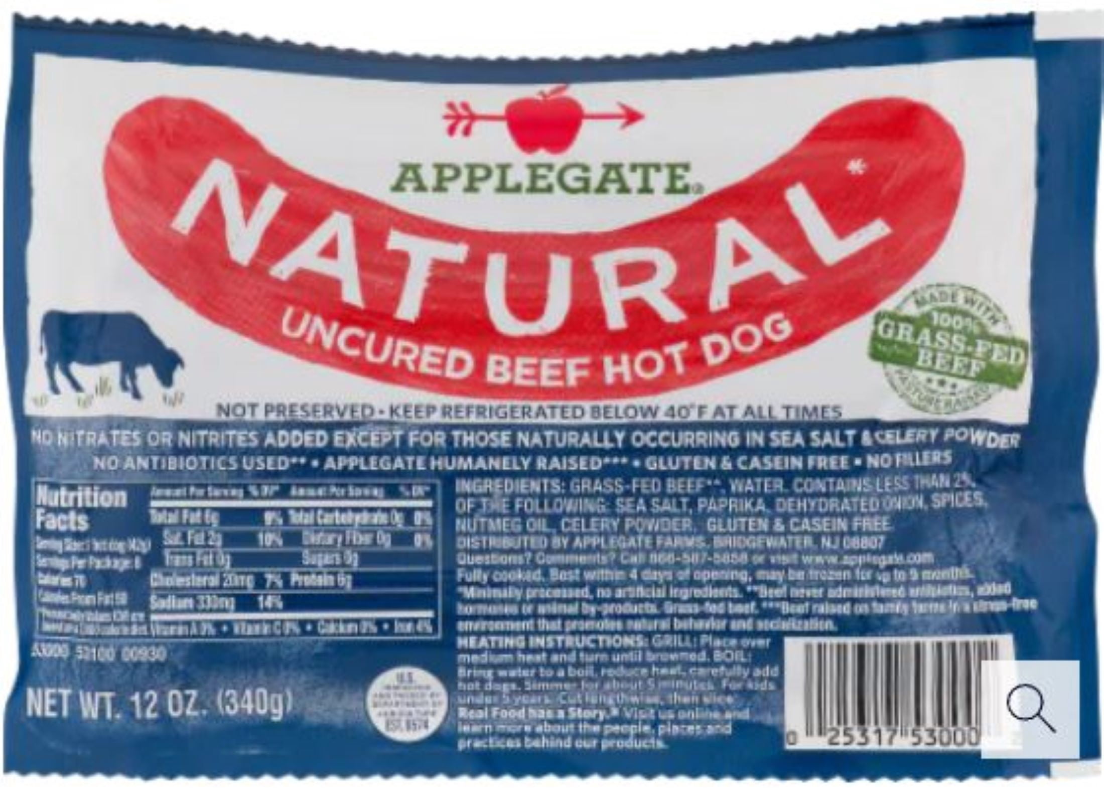 Applegate Farms Natural Organics The Great Organic Uncured Beef Hot Dog, 12 oz., Links