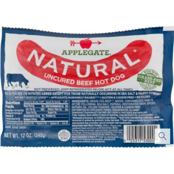 Applegate Farms Natural Organics The Great Organic Uncured Beef Hot Dog, 12 oz., Links