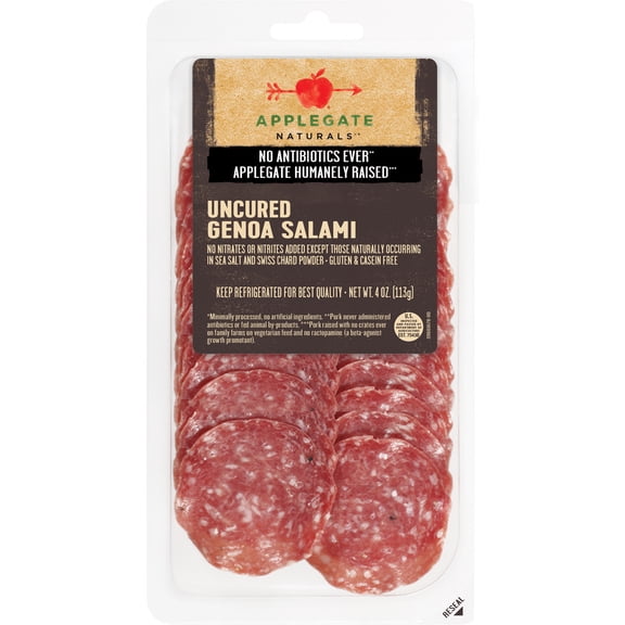 Applegate Natural Uncured Genoa Salami Sliced Pork, 4oz, Resealable Package, Ready to Eat, Refrigerate After Opening