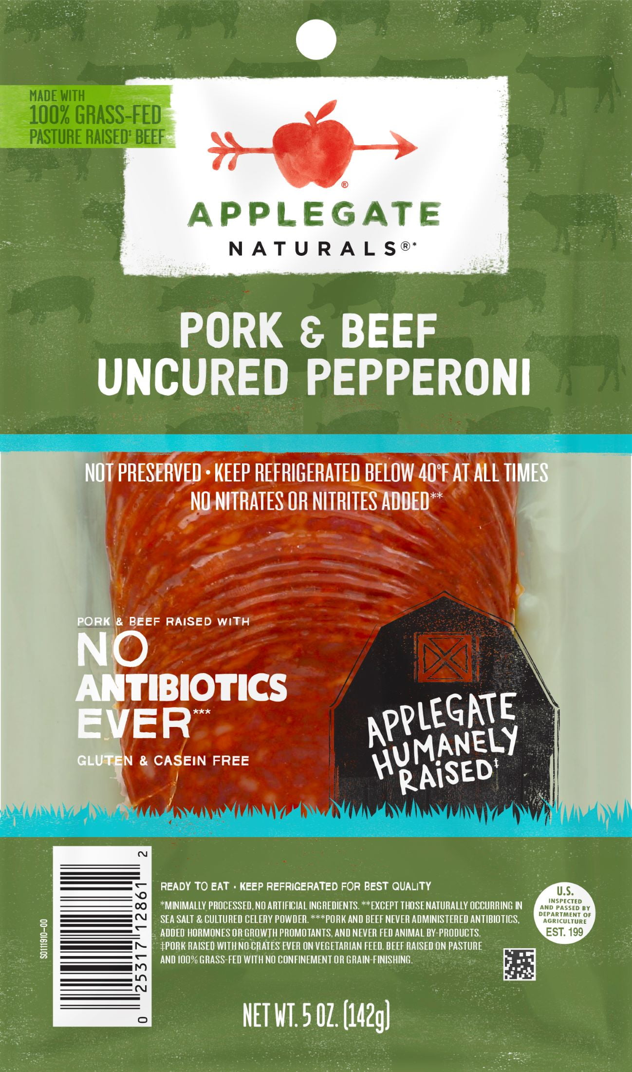 Applegate, Nat UC Pork/Beef Pepperoni Slcd, 5oz, Keep Refrigerated, No Allergens, Plastic Bag