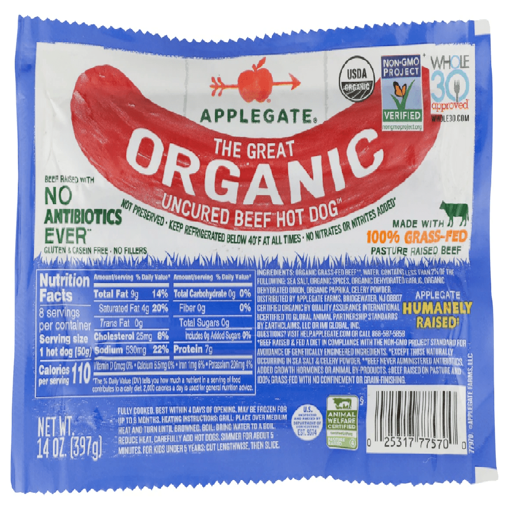 Products - Hot Dogs - The Great Organic Beef Hot Dog - 10oz - Applegate