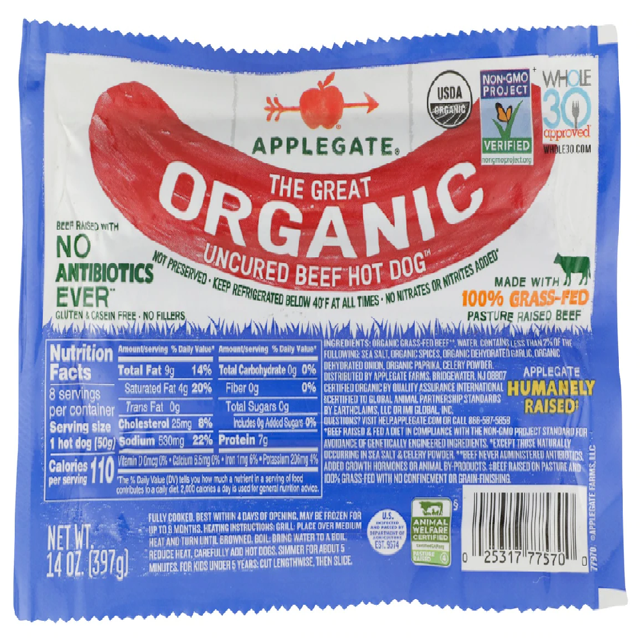Applegate Organic Uncured Beef Hot Dog, 14oz (pack of 12)