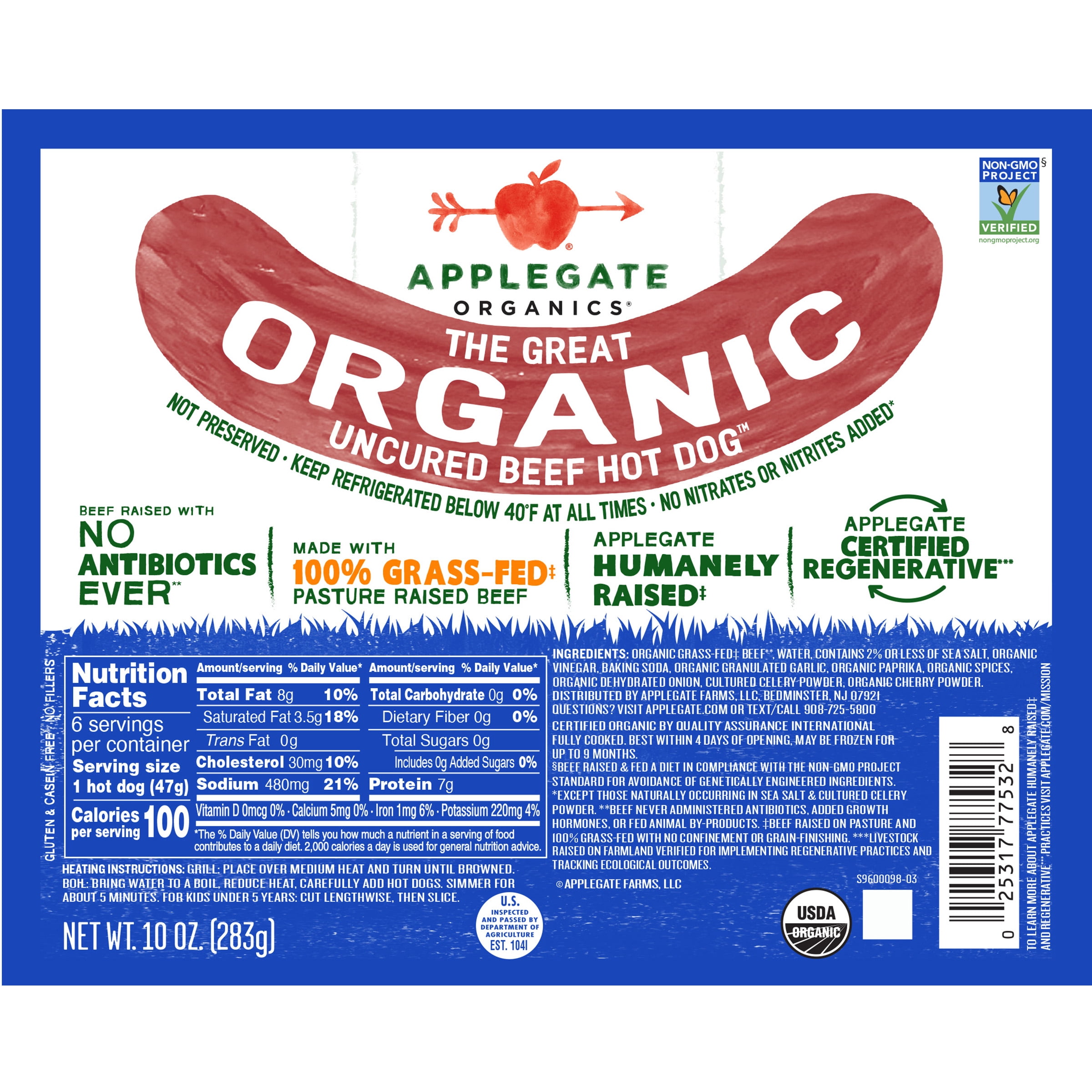 Applegate Organics The Great Organic Uncured Beef Hot Dog , 10oz 6 Count