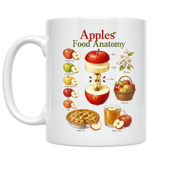 Apples Food Anatomy Mug, Apple Enthusiasts, Kitchen Decor, and Fall Gatherings, 11 oz White Ceramic