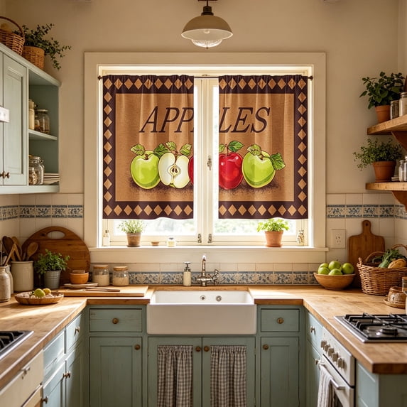 Apples Kitchen Curtain Set with Valance - 3 Piece Short Tier Panels & Swag, Washable Polyester Farmhouse Window Treatments for Sink, Light Filtering Decorative Drapes