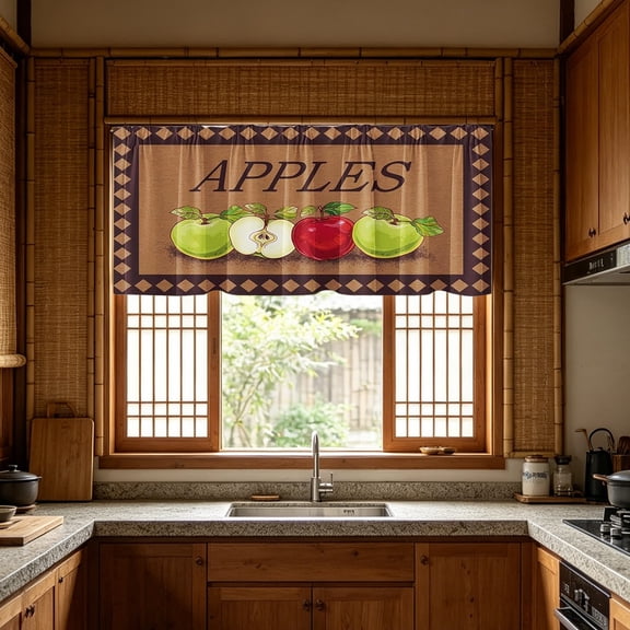 Apples Kitchen Curtain Set with Valance - 3 Piece Short Tier Panels & Swag, Washable Polyester Farmhouse Window Treatments for Sink, Light Filtering Decorative Drapes