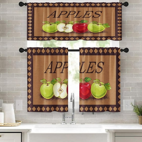Apples Kitchen Curtains Farmhouse Window Curtains Valance and Tier Set 36 Inch, Fruits Rod Pocket Short Tier Curtain, Vintage Small Curtains for Kitchen Decor