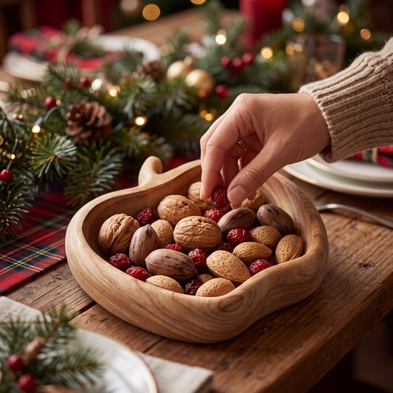 Apples Shaped Wooden Serving Bowl, Khaki Natural Wood Snack Dish for Candy Nut Fruit, Rustic Tabletop Decorative Tableware for Christmas Party & Desktop Center Decoration,1Pcs