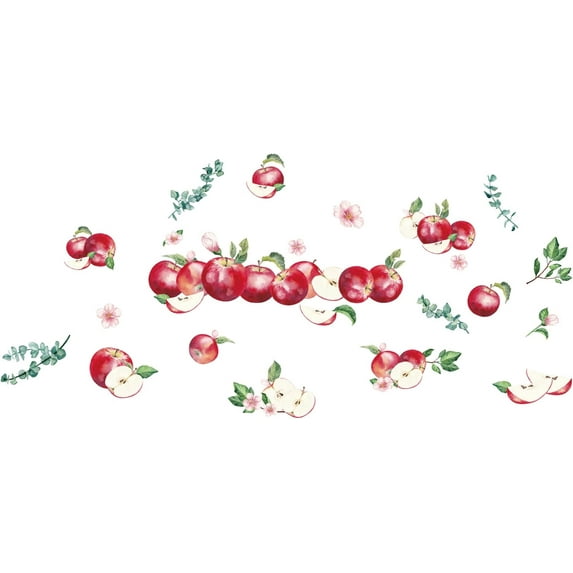 Apples Wall Decals Fruit Vinyl Wall Stickers Watercolor Wall Art Sticker Flower Decals Green Branch DIY Decor for Kitchen Cabinet Decals Country Fruit Restaurant Dining Wall Decoration