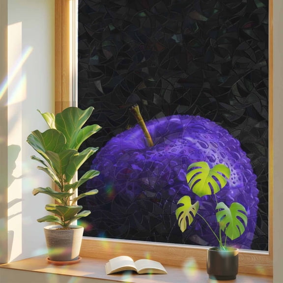 Apples Water Drop Still Life Window Privacy Film, Rainbow Film Decorative Window Sticker 17.7x39.3in, Black Sun Blocking Static Stained Glass Cling Tint Non-Adhesive